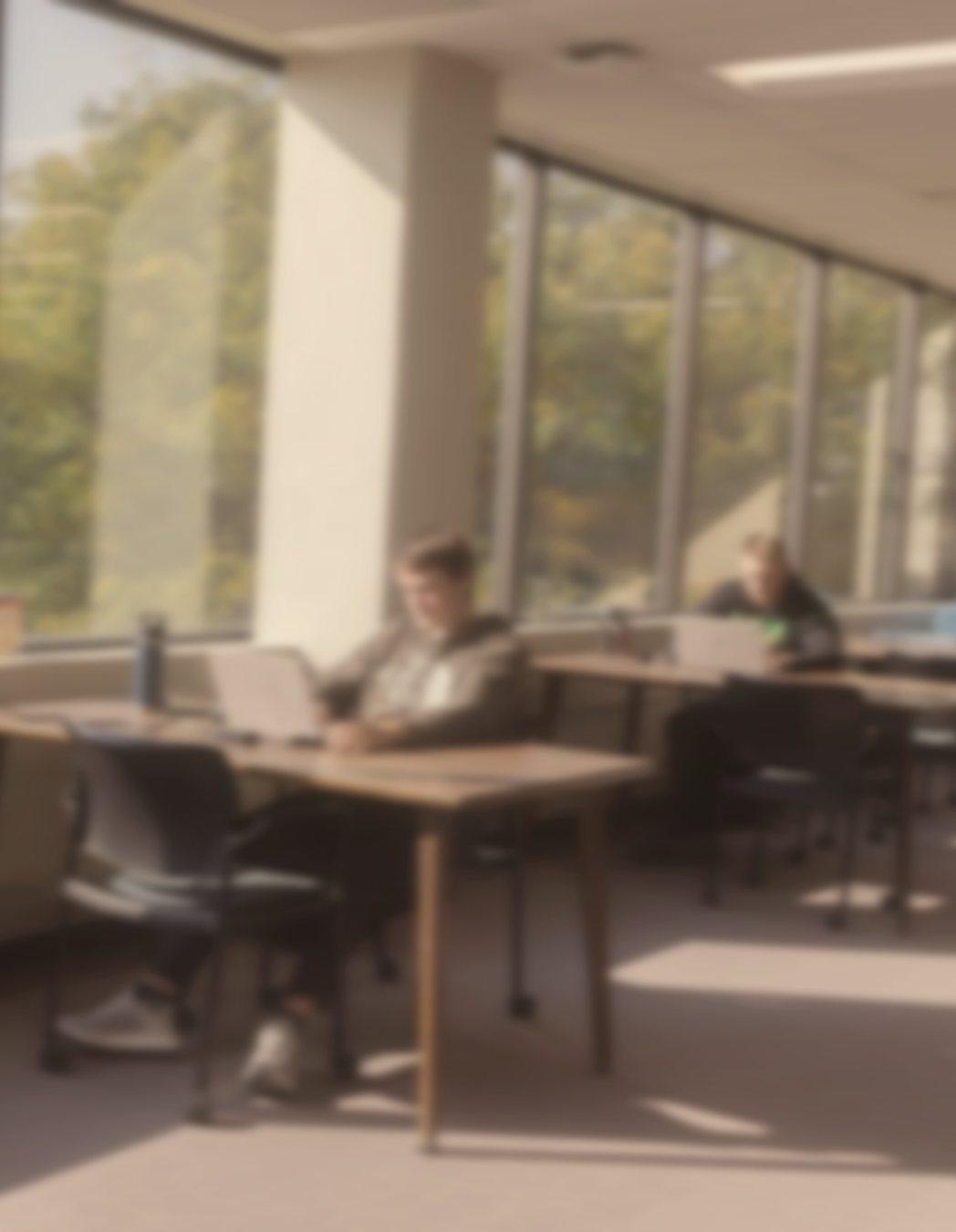 Two students on laptops in a bright study room
